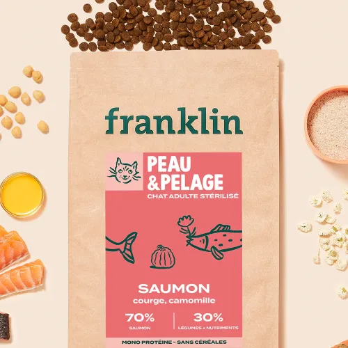 Photo de Croquettes Franklin Chat Stérilisé - Peau & Pelage (Saumon - Courge - Camomille)
