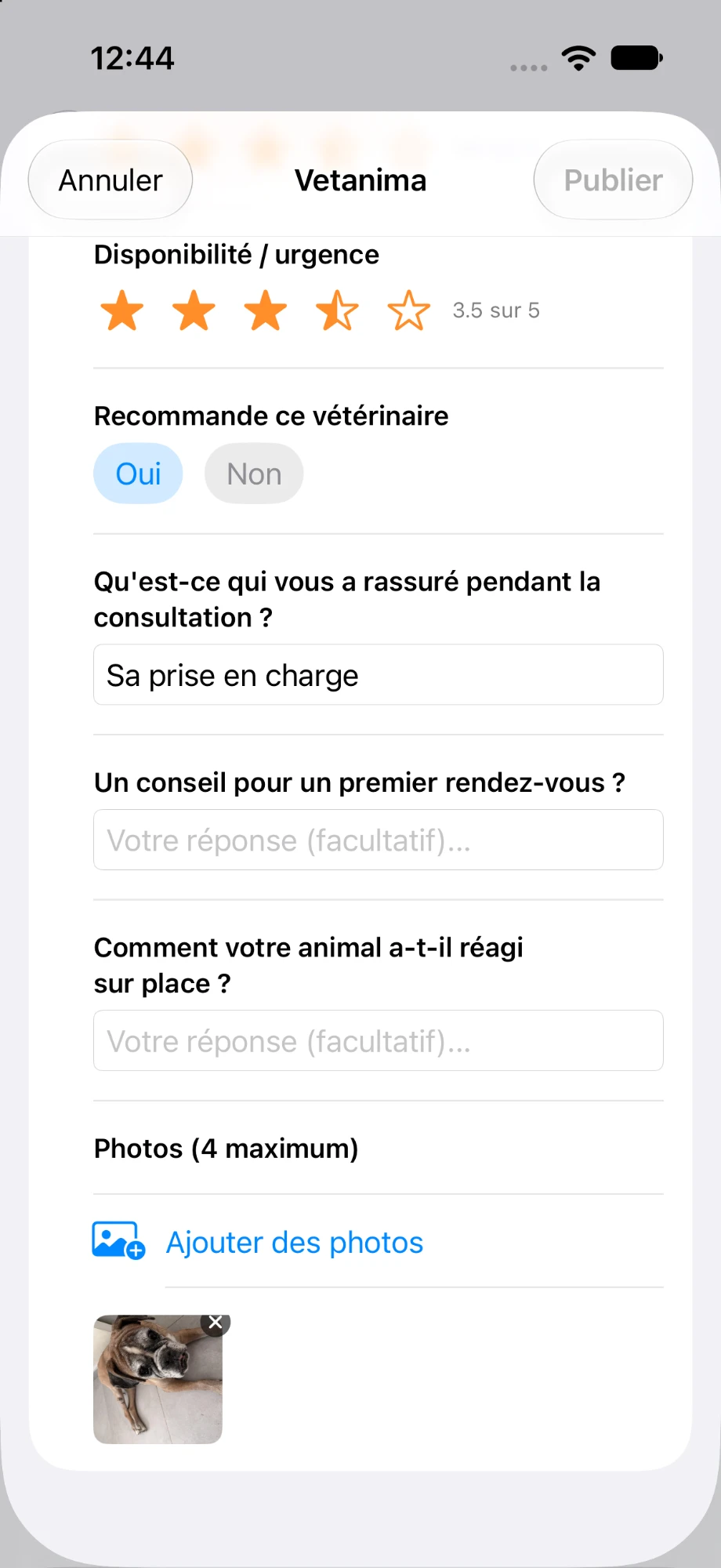 Formulaire de dépôt d'avis dans l'application Animac, avec notation par critères et ajout de photo