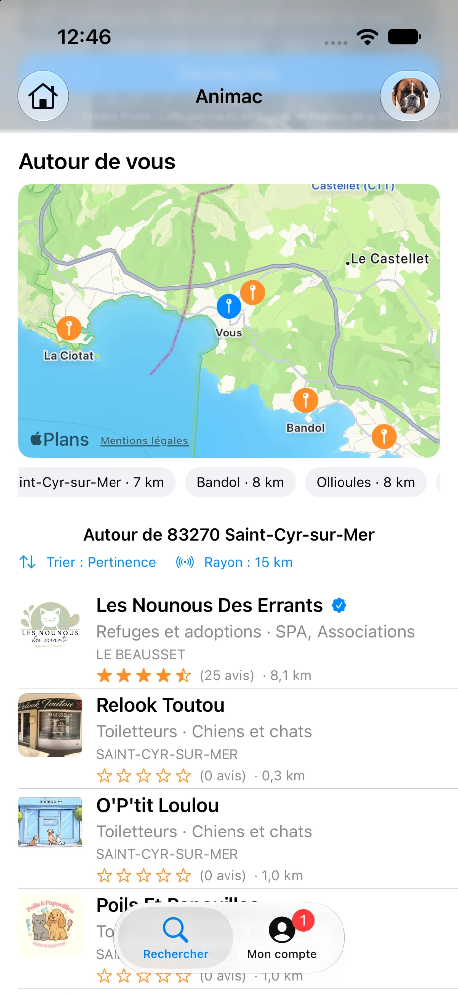 Recherche géolocalisée dans l'application Animac : les professionnels les plus proches affichés sur une carte et classés par distance