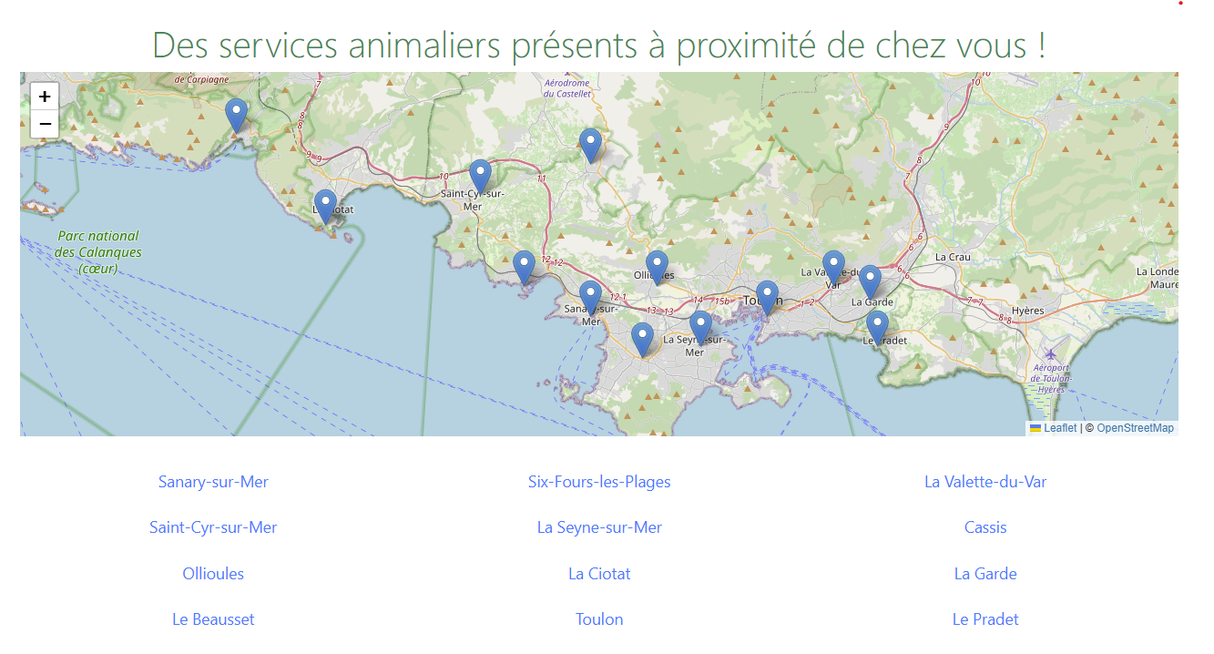 Carte des vétérinaires France sur Animac.fr, exemple Ouest Var