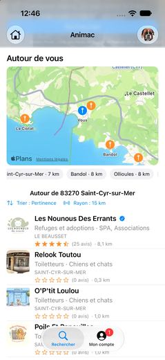 Capture de l'application Animac : recherche géolocalisée